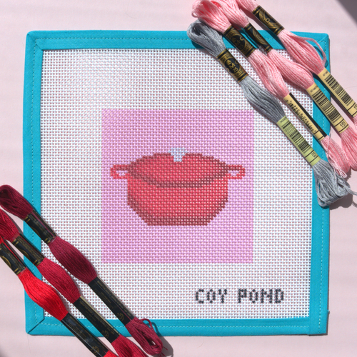 Kitchen and Coffee Dutch Oven needlepoint starter kit - 13-count stitch printed canvas with classic red Dutch oven on soft pink background
