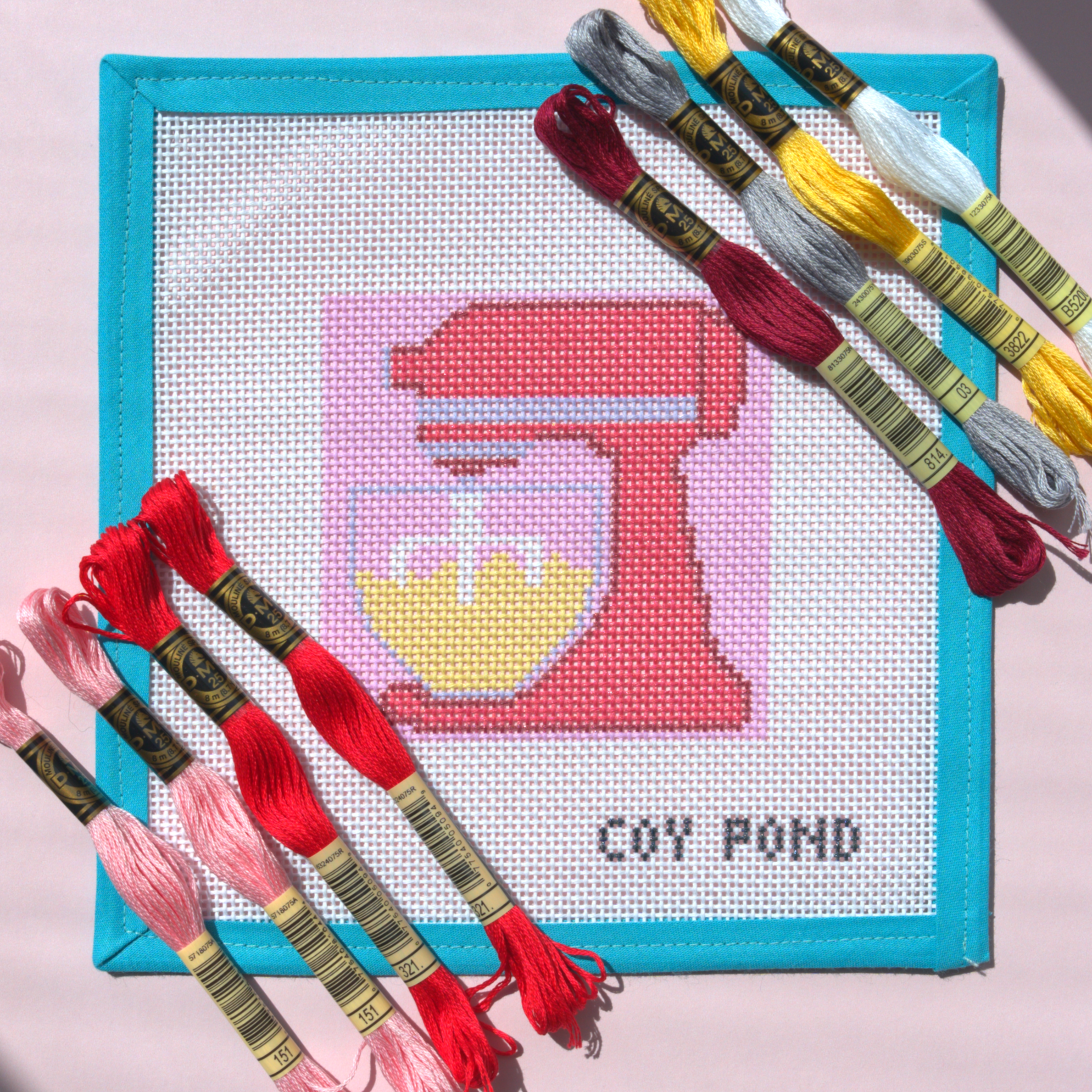 Kitchen and Coffee Stand Mixer needlepoint starter kit - 13-count stitch printed canvas with red stand mixer and yellow batter on soft pink background