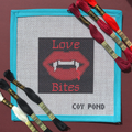 Romantasy Love Bites needlepoint starter kit - 13-count stitch printed canvas with red vampire lips and fangs on black background