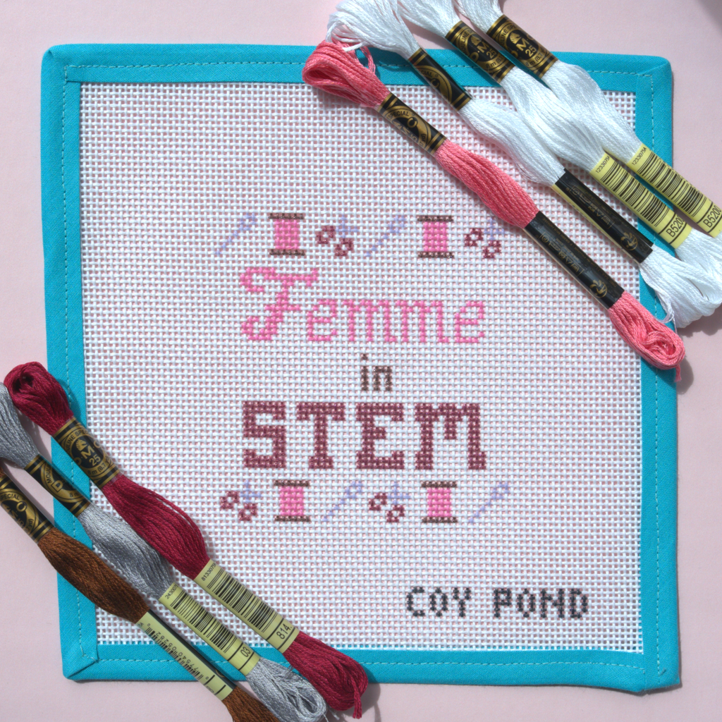Femme in STEM Crafts needlepoint starter kit - 13-count stitch printed canvas with pink and burgundy lettering and crafting tools border