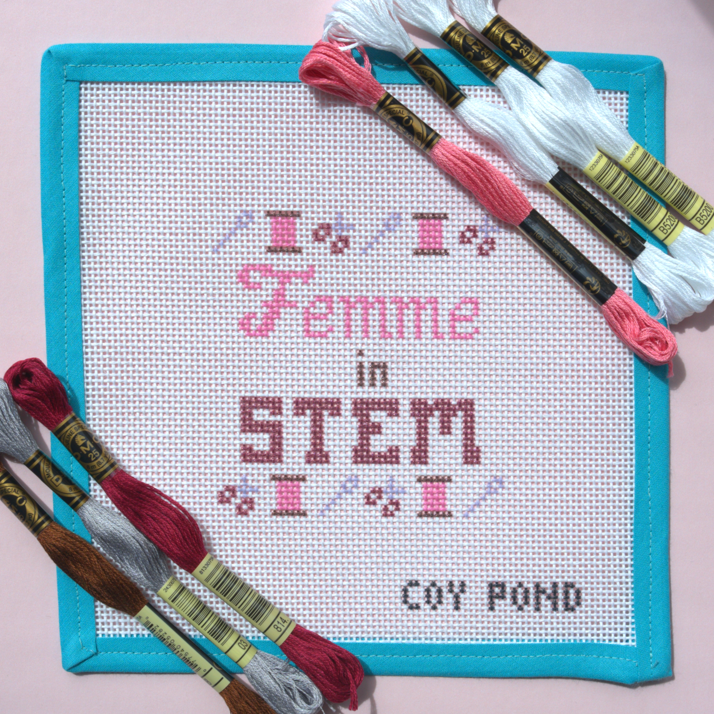 Femme in STEM Crafts needlepoint starter kit - 13-count stitch printed canvas with pink and burgundy lettering and crafting tools border