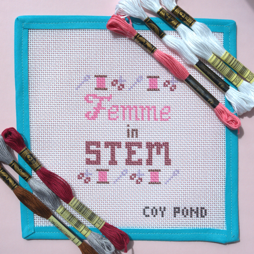 Femme in STEM Crafts needlepoint starter kit - 13-count stitch printed canvas with pink and burgundy lettering and crafting tools border