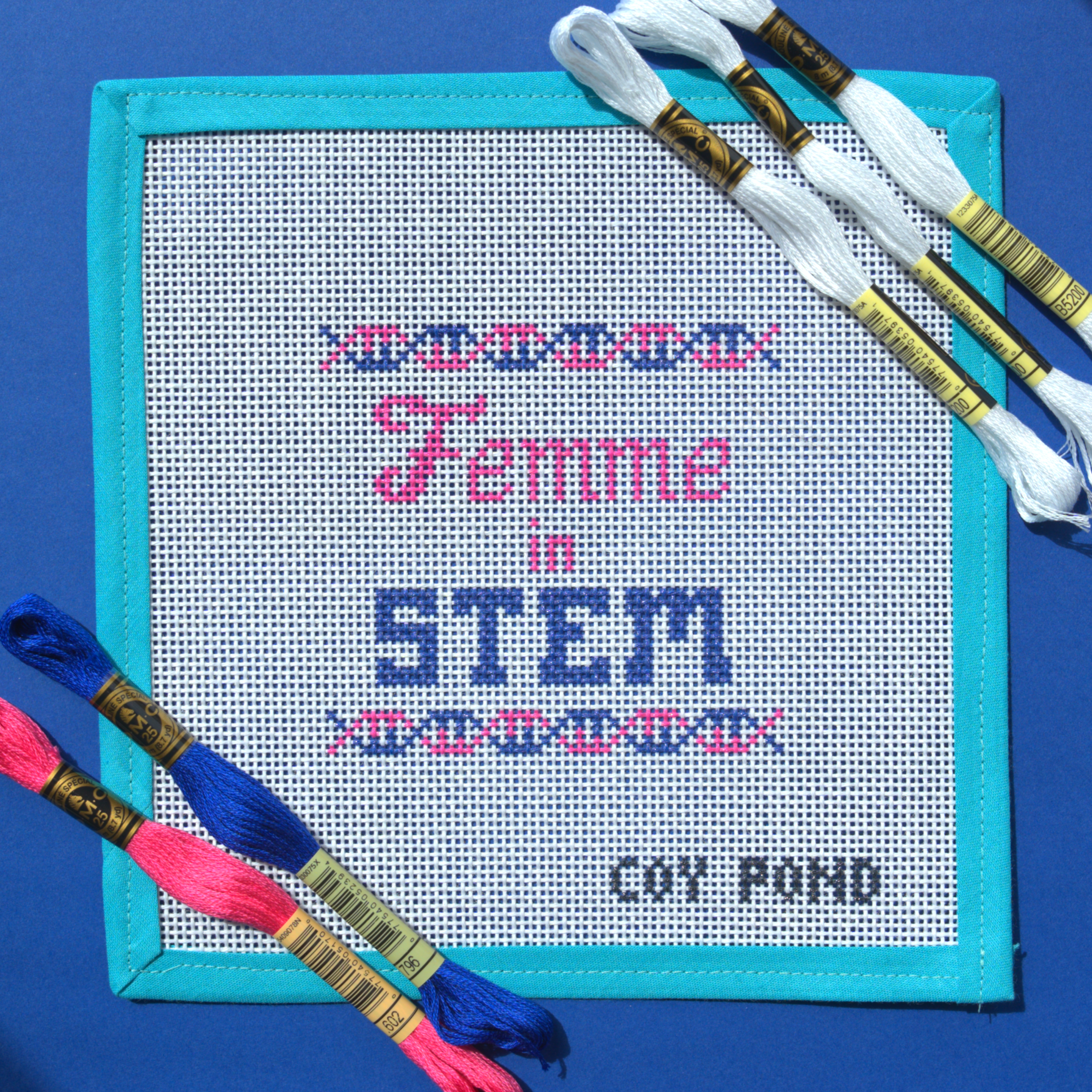 Femme in STEM DNA needlepoint starter kit - 13-count stitch printed canvas with blue and pink double helix border on white background