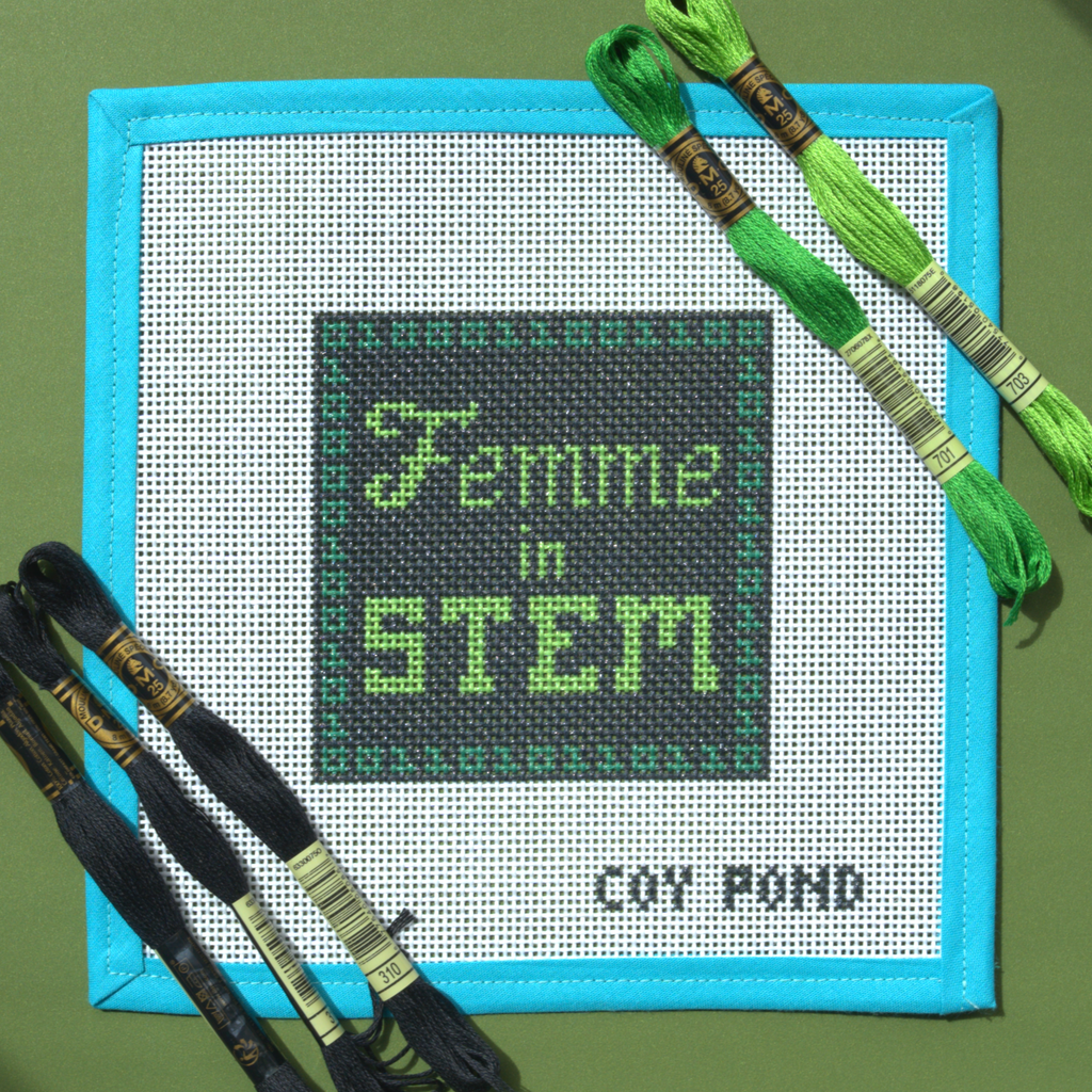 Femme in STEM Code needlepoint starter kit - 13-count stitch printed canvas with green coding terminal design on black background
