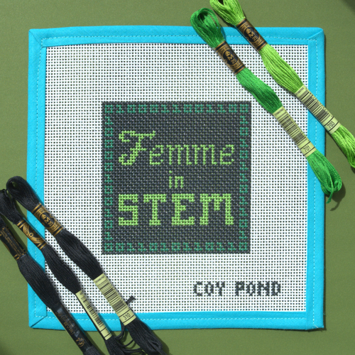 Femme in STEM Code needlepoint starter kit - 13-count stitch printed canvas with green coding terminal design on black background