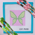 Romantasy Fairy Wings needlepoint starter kit - 13-count stitch printed canvas with delicate green fairy wings on soft pink background