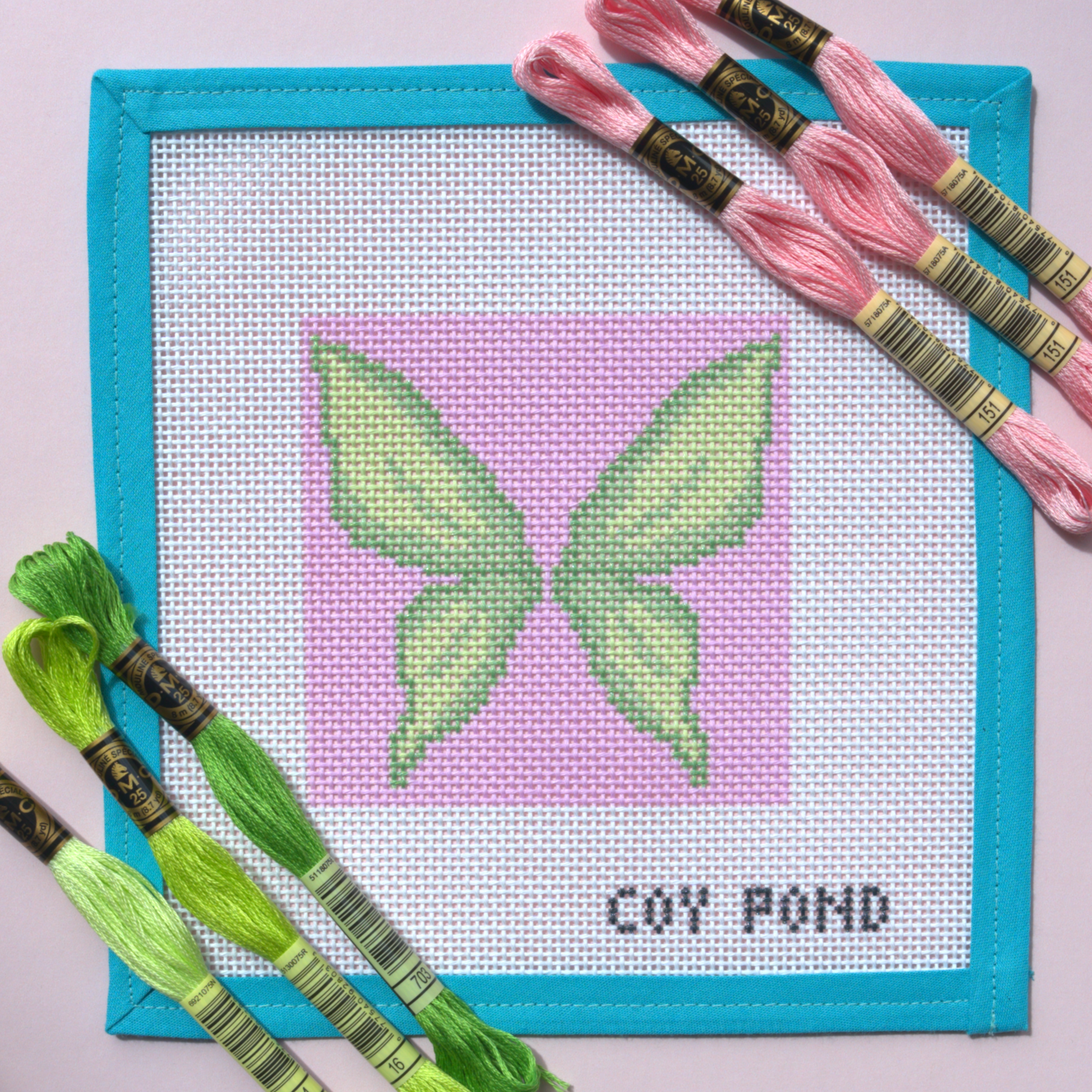 Romantasy Fairy Wings needlepoint starter kit - 13-count stitch printed canvas with delicate green fairy wings on soft pink background