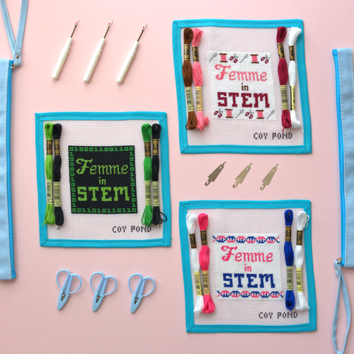 Femme in STEM complete needlepoint kit collection - all three designs: Code, DNA and Crafts