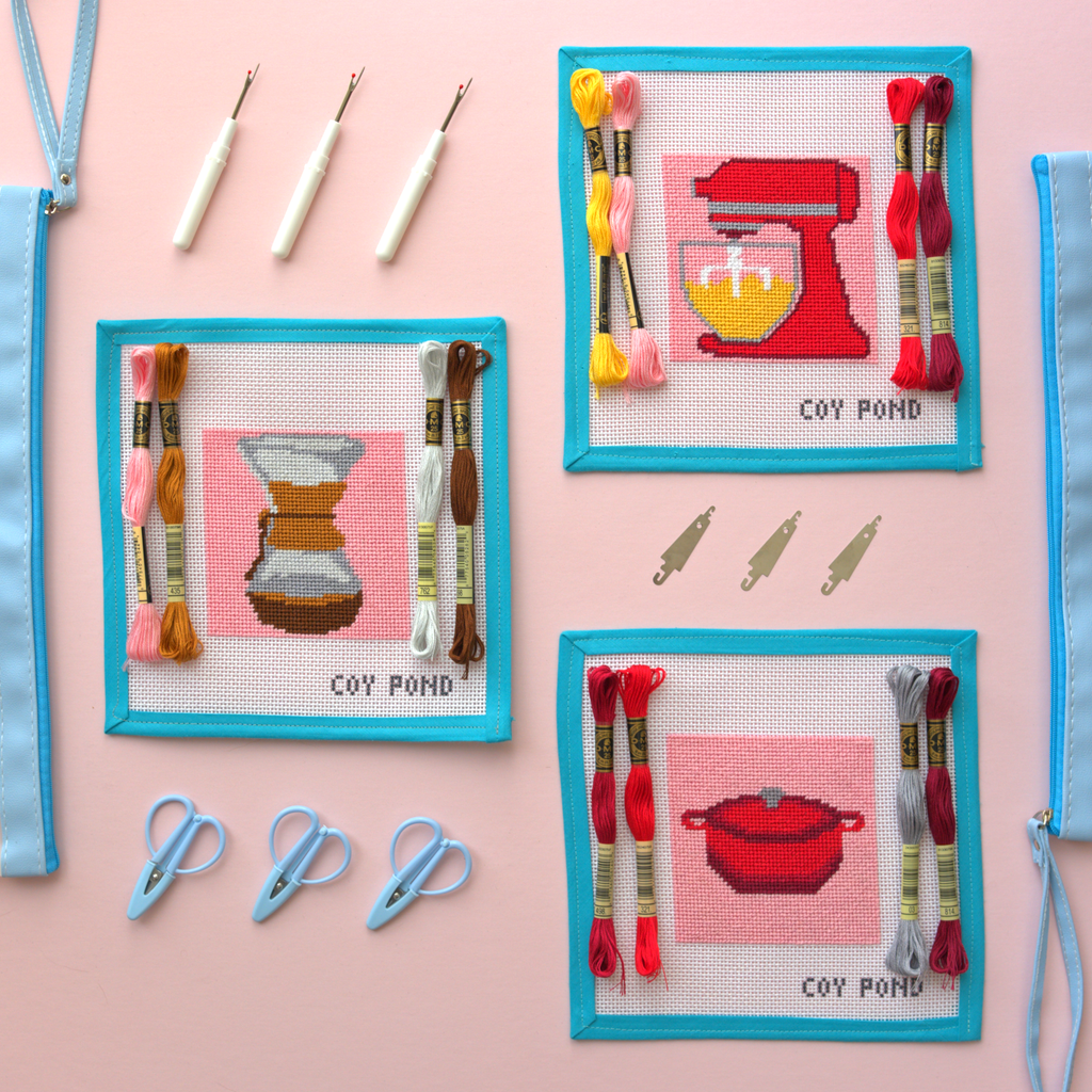 Kitchen and Coffee complete needlepoint kit collection - all three designs: Hourglass Coffee Maker, Dutch Oven and Stand Mixer