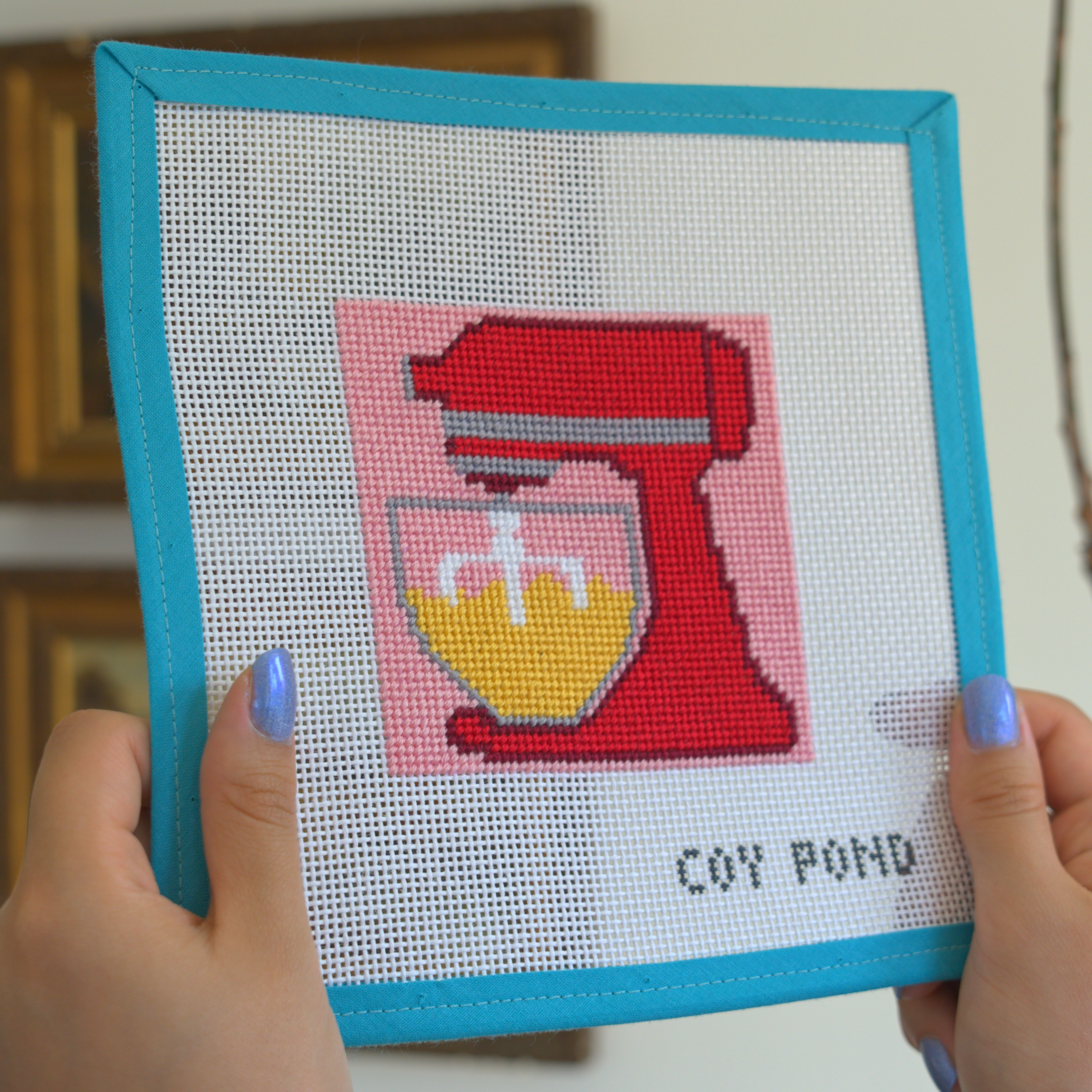 Kitchen and Coffee Stand Mixer needlepoint kit - completed stitched canvas showing red stand mixer with transparent bowl and yellow batter on pink background